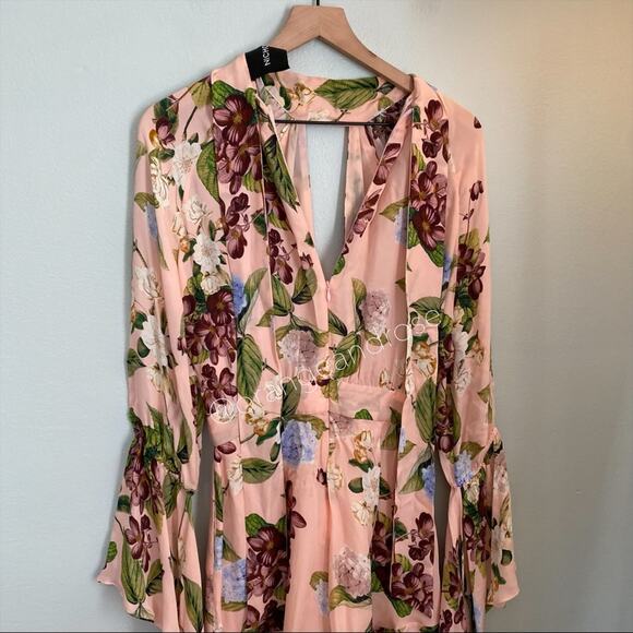 NICHOLAS Peach Pink Floral Print Silk Flare Sleeve Romper Long Sleeve 6 Small - Picture 11 of 16